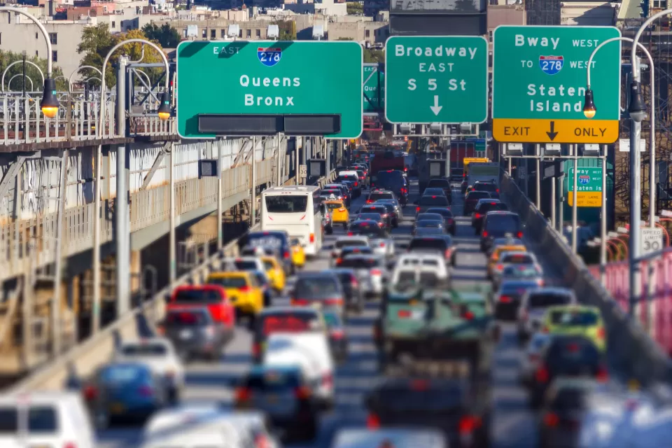 View of busy traffic on Williamsburg Bridge in Brooklyn, New York City